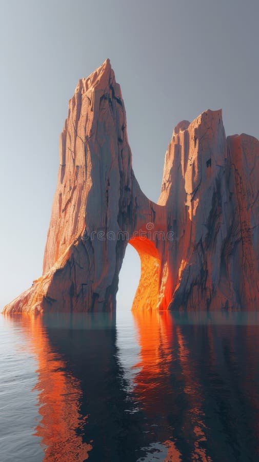 Sunset arch rock formation reflected in calm ocean stock images