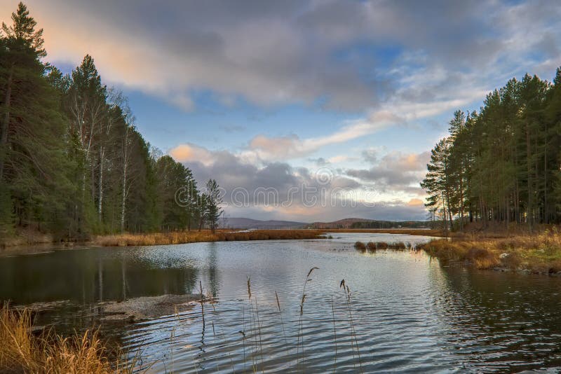 Sunset In The Autumn Forest By The Lake In The Mountains Stock Image