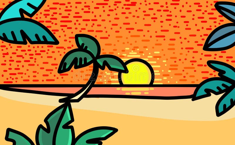 Sunset Beach Illustration Orange Sky , Beach Stock Illustration -  Illustration of cartoon, sunset: 204071746