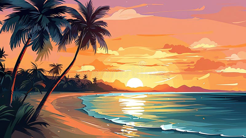 Sunset on the Beach Palm Trees and Beach Beautiful Landscape at