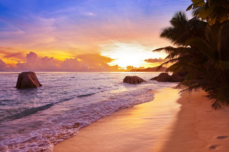 Sunset on beach Source D Argent at Seychelles