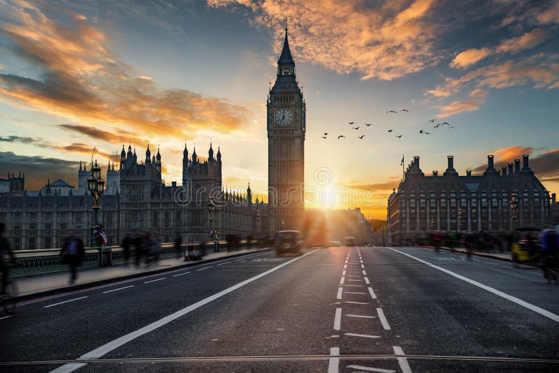 Sunset behind the Big Ben clocktower in London, United Kingdom