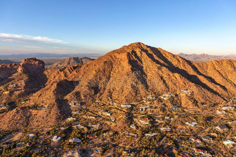 Sunset on Camelback Mountain, aerial view looking northwest