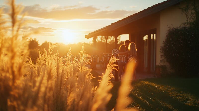 Sunset casts a warm glow over a house and figures, creating a tranquil evening scene royalty free illustration