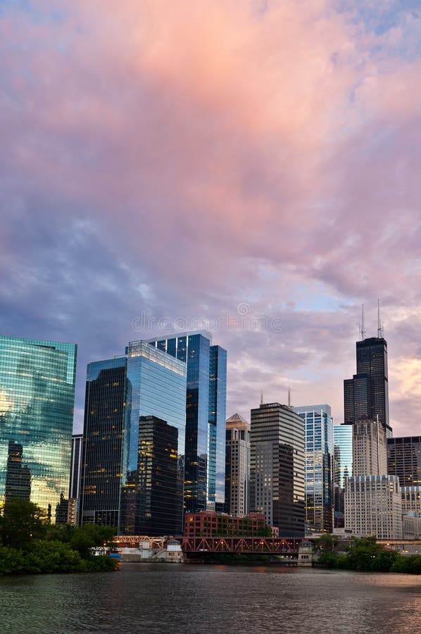 Sunset in the city of Chicago.