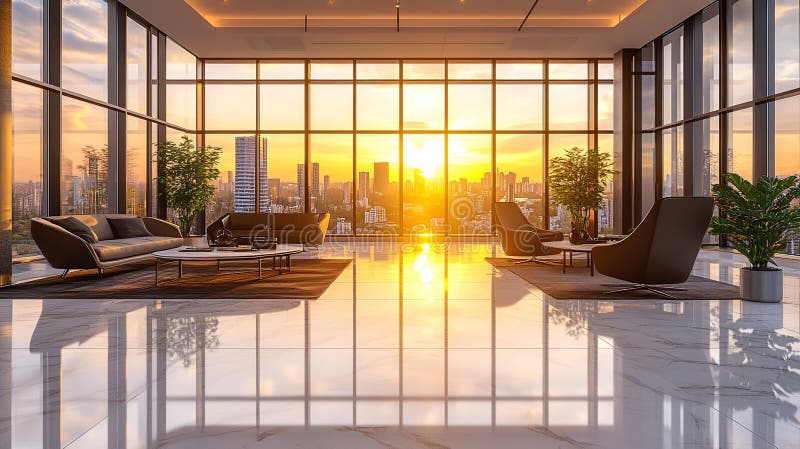 Sunset city view luxury office lounge royalty free illustration