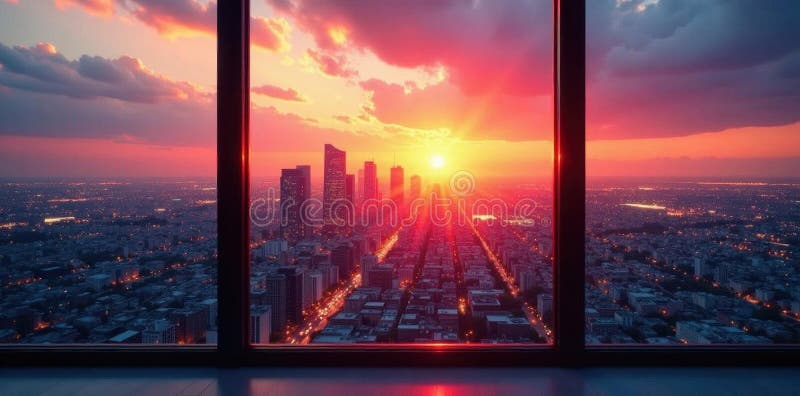 Sunset cityscape view through a sparkling clean window, picture, shine, view vector illustration