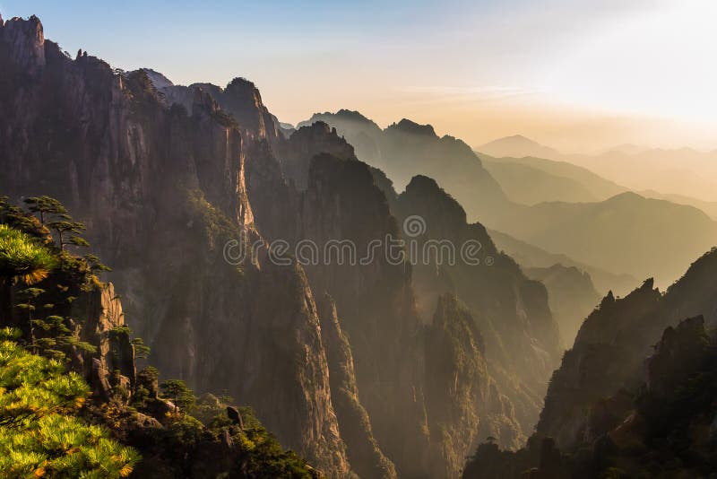Sunset from the Cloud dispelling Pavilion on Mt Huangsn, China