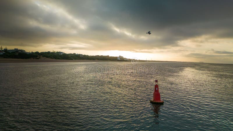 Sunset coastal scene with buoy and bird. royalty free stock images