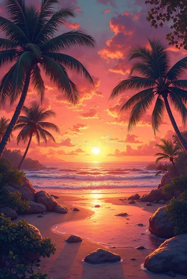 Sunset Coastal View with Palm Trees and Scenic Ocean Atmosphere AI-GENERATED stock image