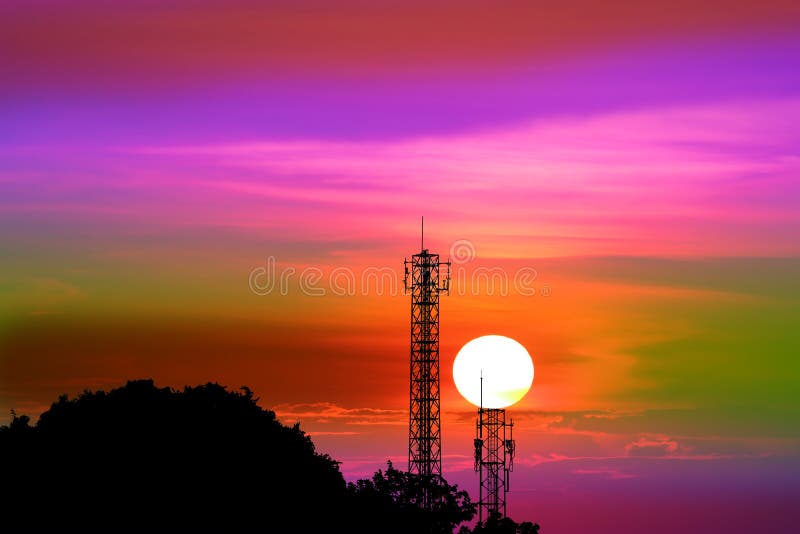 sunset on colorful evening sky and silhouette signal pole royalty free stock image sunset on colorful evening sky and silhouette signal pole royalty free stock image