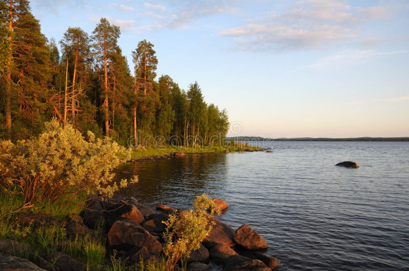 Sunset colors of Karelian forest and lake