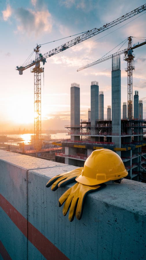 Sunset construction site with cranes, reflecting safety and ongoing work royalty free illustration