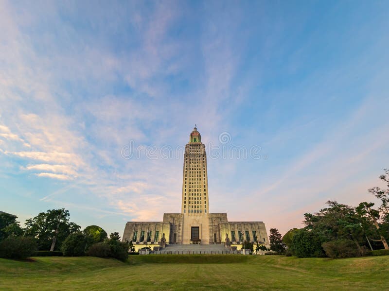 Sunset Exterior View of the Louisiana State Capitol Stock Photo Image
