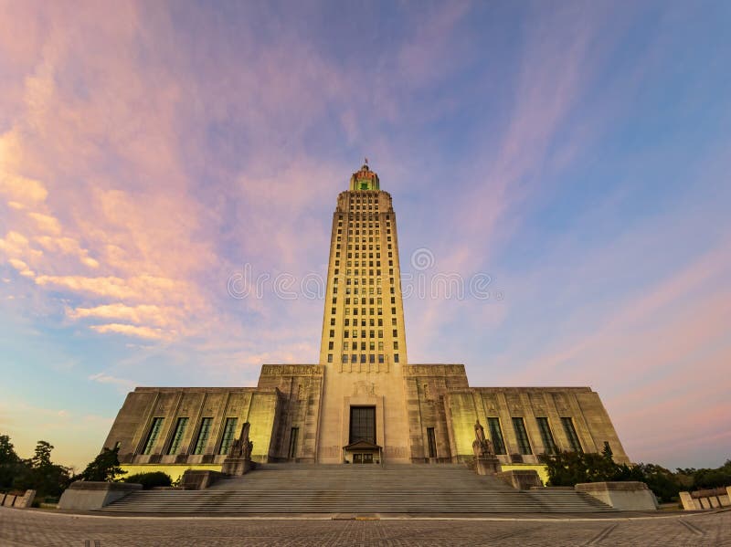 Sunset Exterior View of the Louisiana State Capitol Stock Photo Image