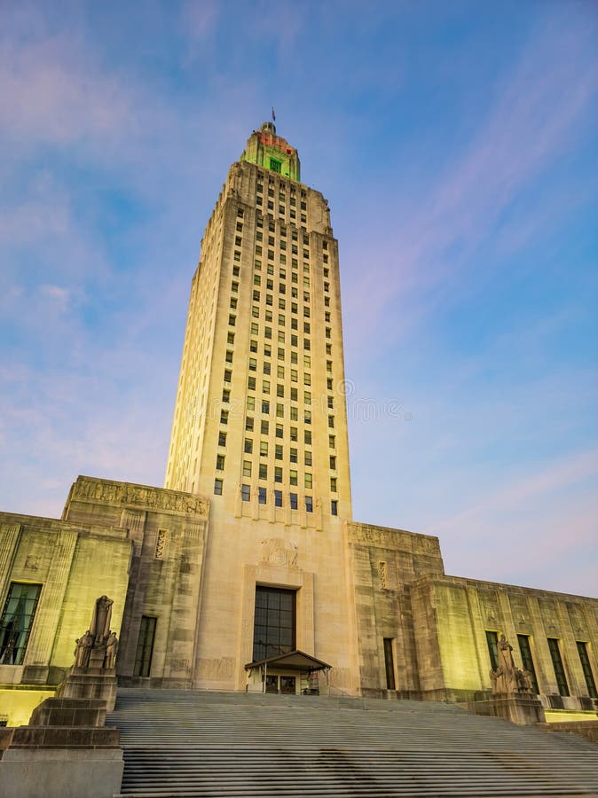 Sunset Exterior View of the Louisiana State Capitol Stock Photo Image