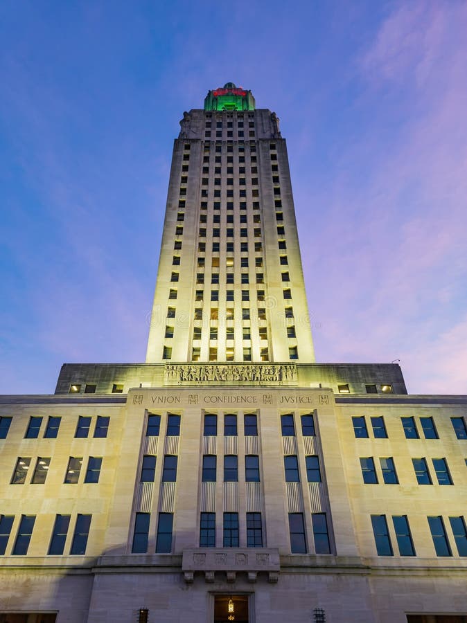 Sunset Exterior View of the Louisiana State Capitol Stock Photo Image