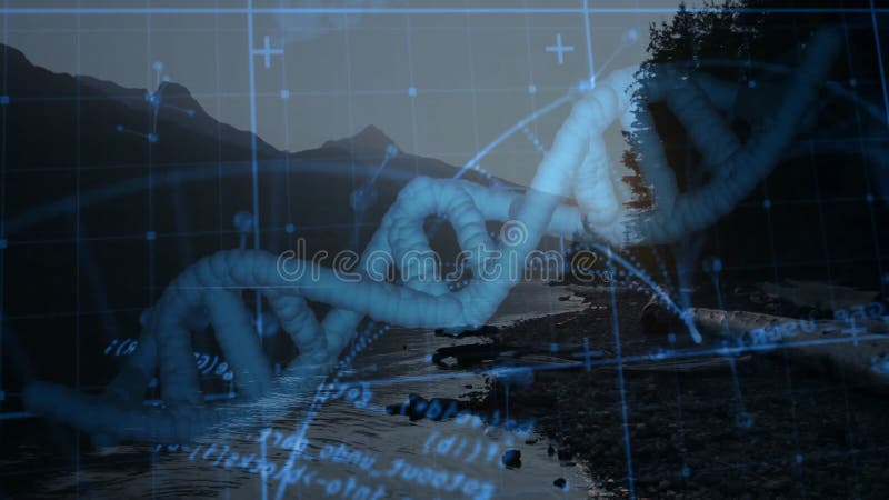 Sunset fading behind peaks causing double helix shifting, rotating, glowing, merging data overlays stock video