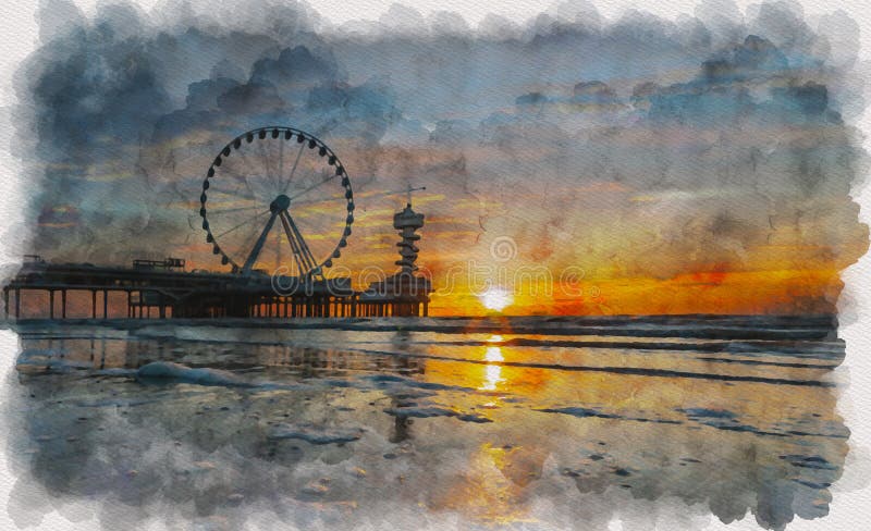 Sunset at the Ferris wheel watercolor painting