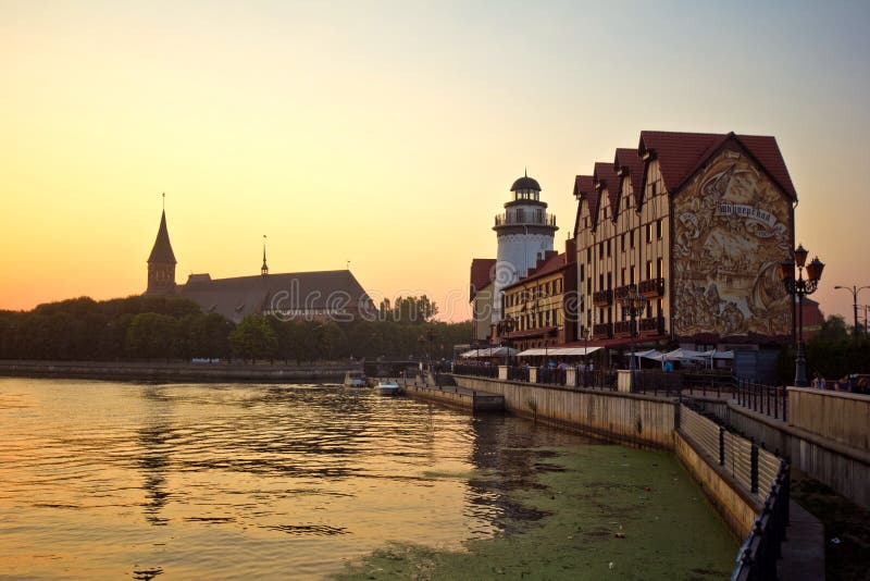 Sunset at the fishermen village on the river Peregolya, Kaliningrad, Russia royalty free stock photos Sunset at the fishermen village on the river Peregolya, Kaliningrad, Russia royalty free stock photos