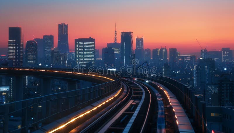 Sunset Glow Over Modern Cityscape with Transit Rails vector illustration