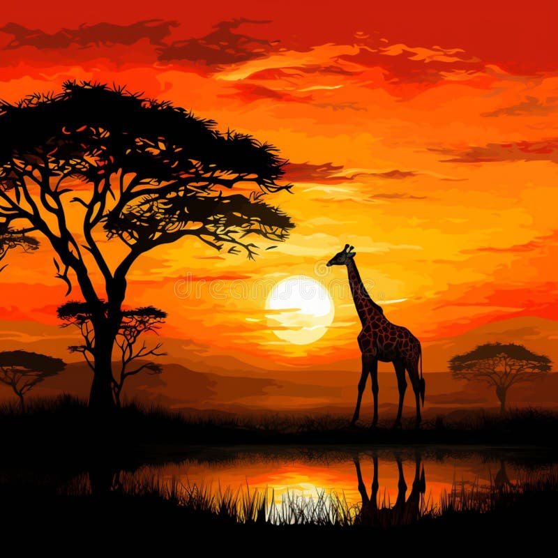 Sunset Grace Giraffe Silhouette Against African Skyline, Beauty and