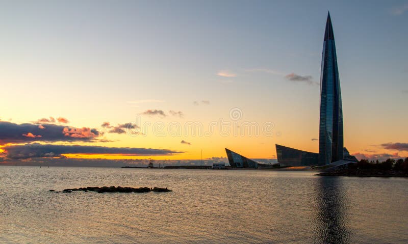 Sunset on the Gulf of Finland and view of the Lakhta center skyscraper