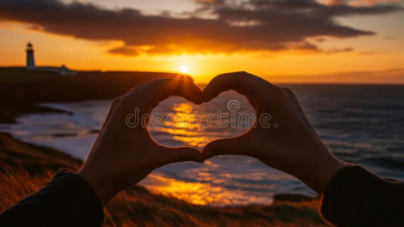 Sunset Heart Shaped Hands Ocean Lighthouse View stock illustration