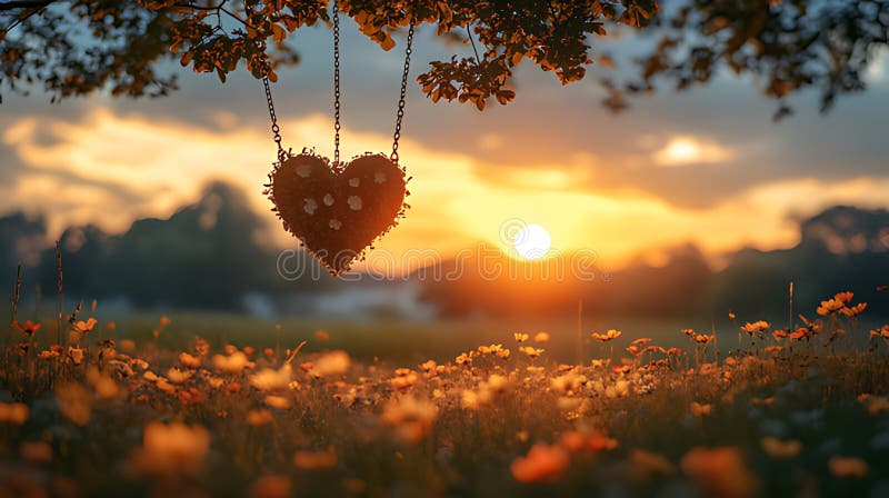 Sunset Heart Swinging Field Romance vector illustration