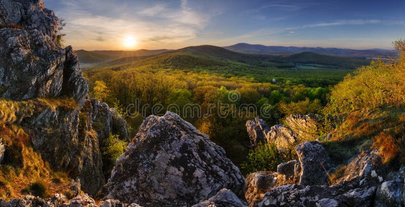 Sunset landscape panorame with spring forest - Tribec, Slovakia
