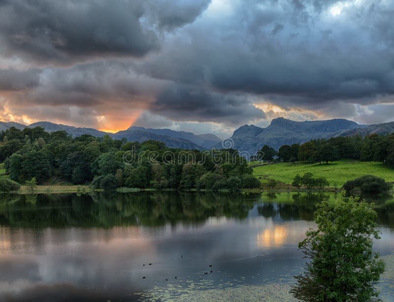 Sunset at Loughrigg Tarn in Lake District Stock Image Image of