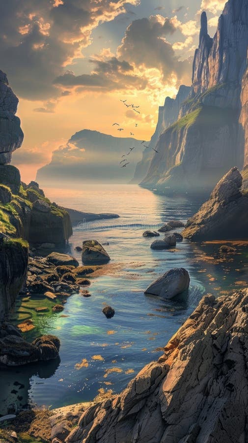 Sunset at a majestic cliffside coast stock images