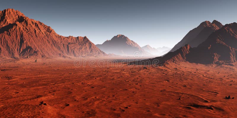 Sunset on Mars, dust obscured Martian landscape.