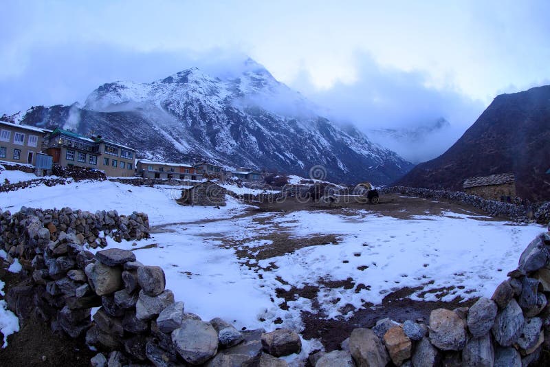 Sunset in the mountains Himalayas, Dole village, stock photo Sunset in the mountains Himalayas, Dole village, stock photo