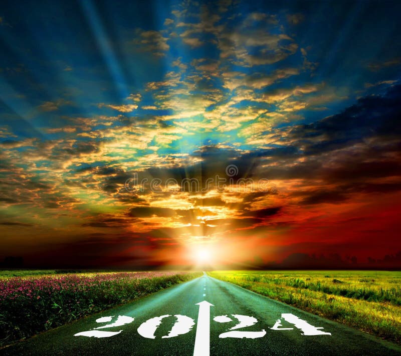 Sunset New Year 2024 or Straight Forward Concept. Text 2024 Written on