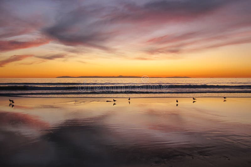 Sunset at Newport beach California with santa Catalina island in background. With magig hues of purple and orange, and a beautiful reflection of the clouds in stock images Sunset at Newport beach California with santa Catalina island in background. With magig hues of purple and orange, and a beautiful reflection of the clouds in stock images