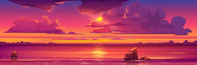 Sunset in ocean, pink clouds in sky with shiny sun