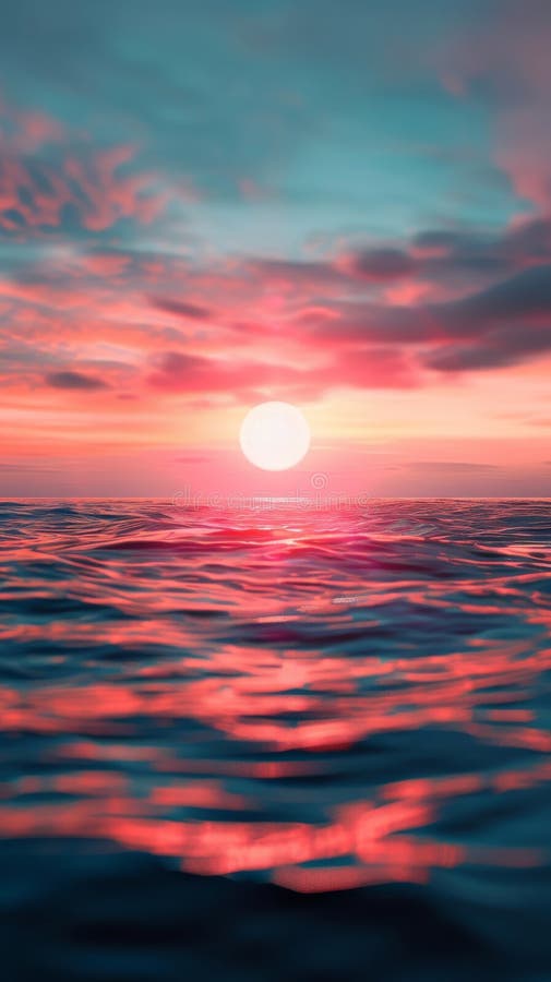 Sunset over calm ocean with vibrant colors and gentle waves stock photos