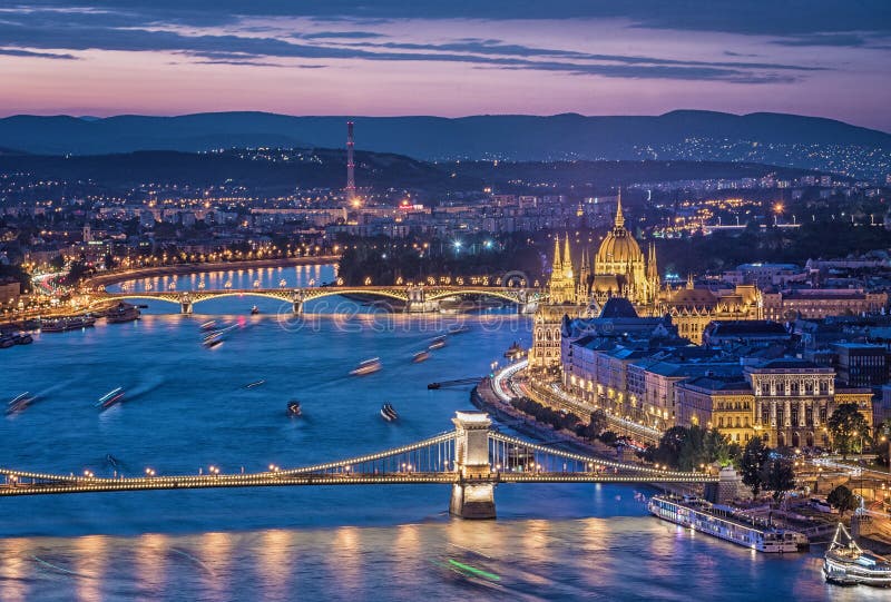 Sunset over the Chain Bridge and the Hungarian Parliament