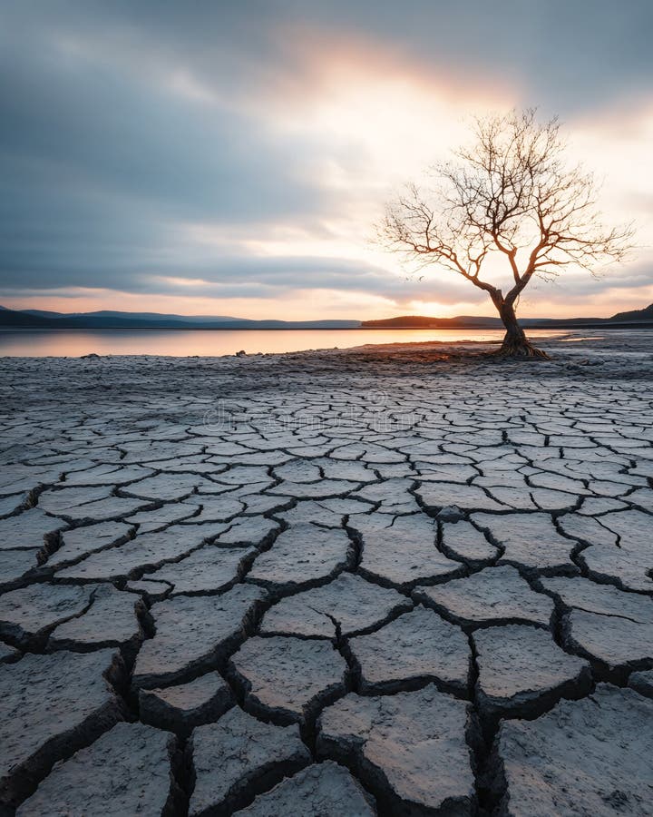 Sunset Over a Dried Cracked Lake Bed with a Lone Tree in the Distance stock photos