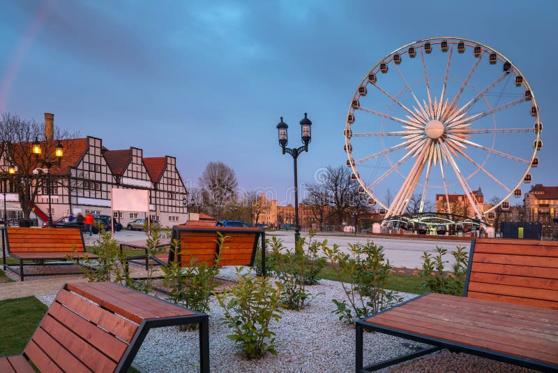 Sunset over the Gdansk city with illuminated ferris wheel, Poland stock images Sunset over the Gdansk city with illuminated ferris wheel, Poland stock images