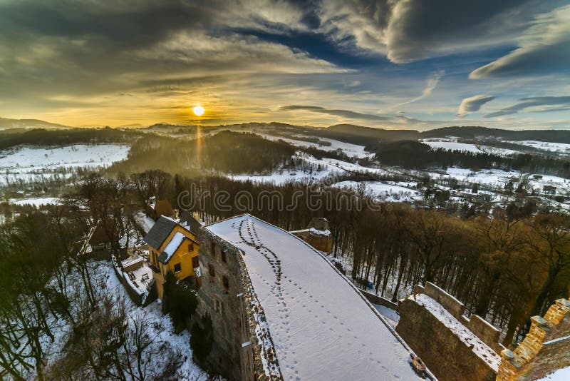 Sunset over Grodno Castle in Owl mountains