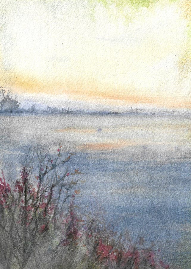 Sunset over the Lake watercolor painting