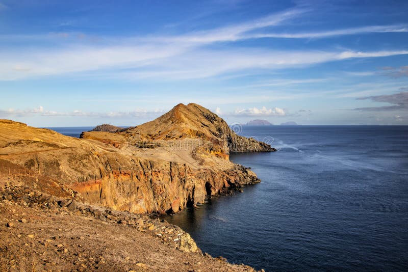 Sunset over Maderia island landscape, Ponta de sao Lourenco. It is nature background of a wonderful view of the sea royalty free stock photography Sunset over Maderia island landscape, Ponta de sao Lourenco. It is nature background of a wonderful view of the sea royalty free stock photography
