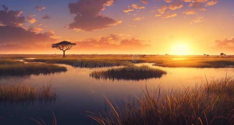 A sunset over a marshy landscape with a lone tree in the foreground. stock image
