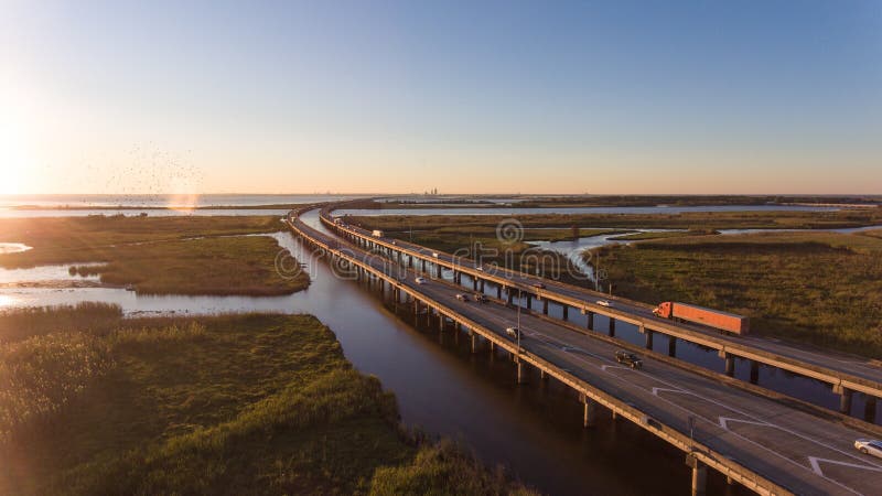 Sunset over Mobile Bay and interstate 10 bridge