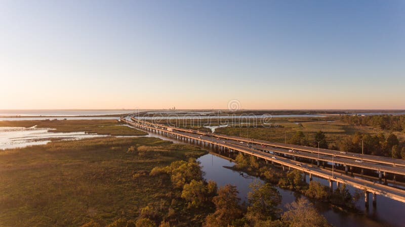 Sunset over Mobile Bay and interstate 10 bridge