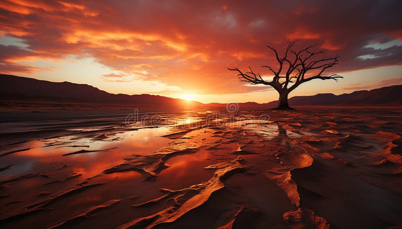 Sunset over the mountain range creates a tranquil, lonely silhouette generated by AI stock photography