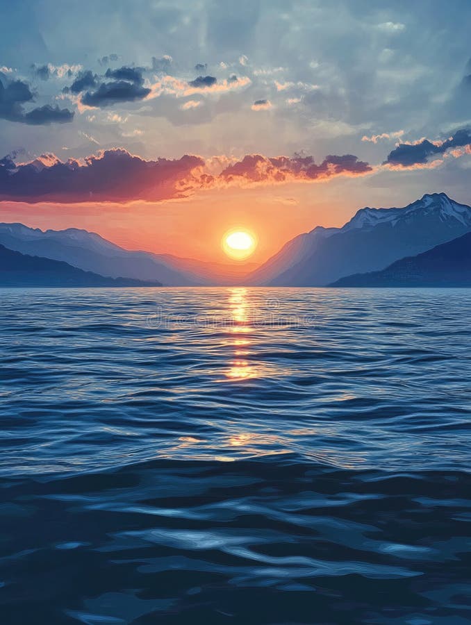 Sunset over ocean mountains panoramic view of the with in background foto de stock royalty free