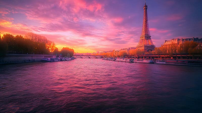 Sunset over paris with the eiffel tower silhouetted against a green toned gradient sky generative ai sunset over paris with the ilustração royalty free